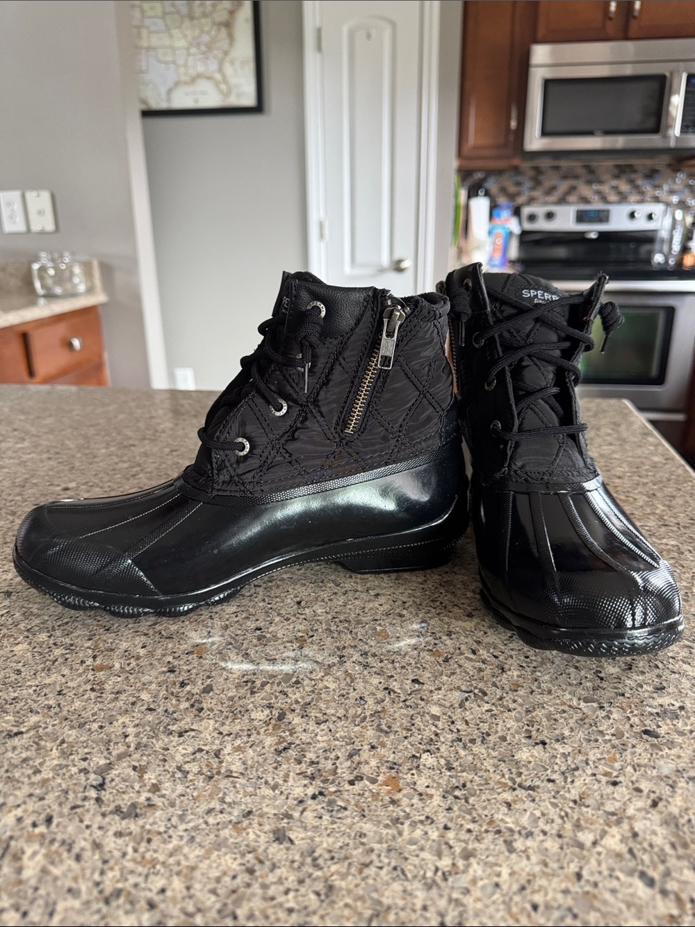 Sperry Black Quilted Lace-Up Duck Boots with Side Zipper